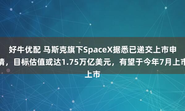 好牛优配 马斯克旗下SpaceX据悉已递交上市申请，目标估值或达1.75万亿美元，有望于今年7月上市